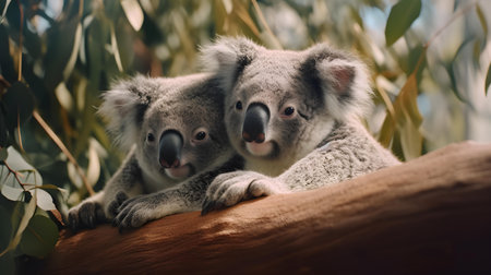 Koala mother and her baby on eucalyptus treeの素材