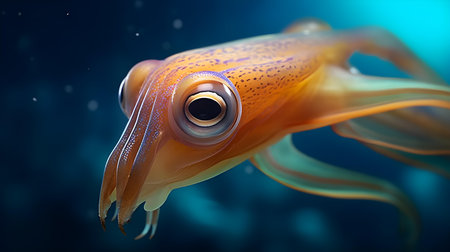 Orange cuttlefish on dark blue background. 3D illustration.の素材