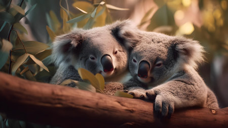 Koala mother and her baby on a branch of eucalyptus treeの素材