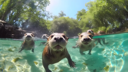 Group of otters swimming in the water. This is a 3d render illustrationの素材
