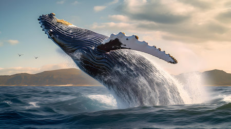 Humpback whale jumping out of the ocean. 3D renderingの素材