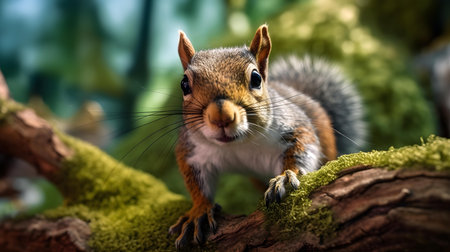 Portrait of a squirrel sitting on a tree branch with green mossの素材