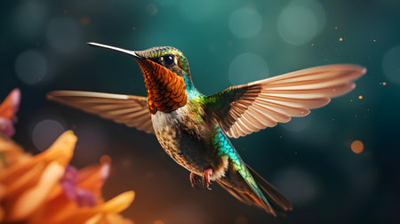 Hummingbird in flight with flower and bokeh background.の素材