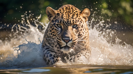 Leopard in water splash, Kruger National Park, South Africa ; Specie Panthera pardus family of Felidaeの素材