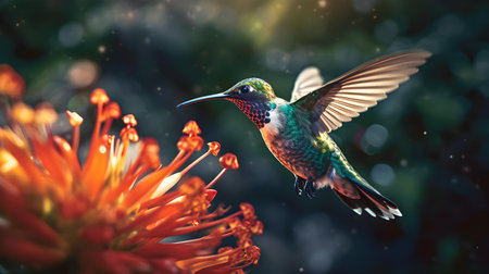 Hummingbird in flight with orange flowers in the background, Colombiaの素材