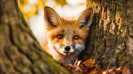 Close up of a red fox looking out of a tree in autumnの素材