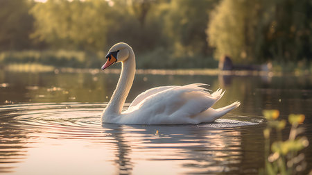 Beautiful white swan swimming on the lake in the morning.の素材