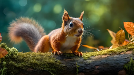 Red squirrel sits on a branch in the autumn forest and eats nuts.の素材