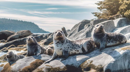 Group of seals resting on a rock in the Pacific Ocean, Californiaの素材