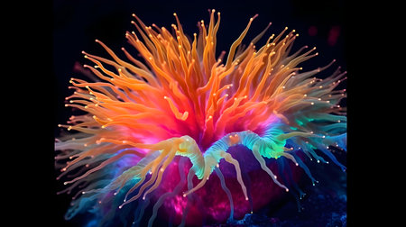 Colorful sea anemone on black background, close-upの素材