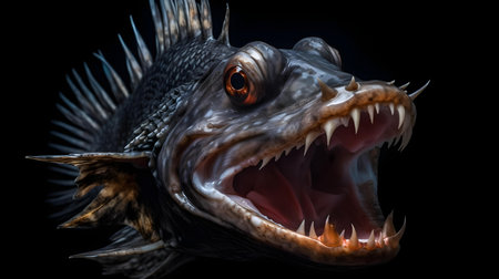 3D Illustration of a Fish Head Isolated on Black Backgroundの素材