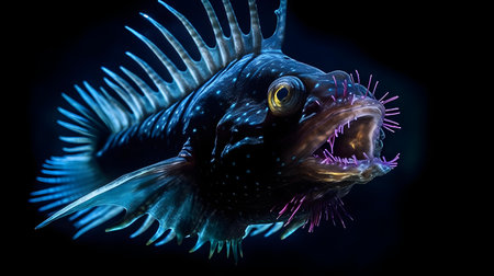 Close up of a cichlid fish isolated on black backgroundの素材