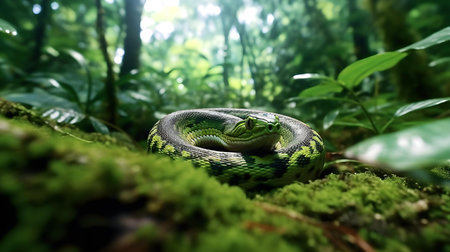 Green snake in the rainforest. Wildlife scene from tropical forest.の素材