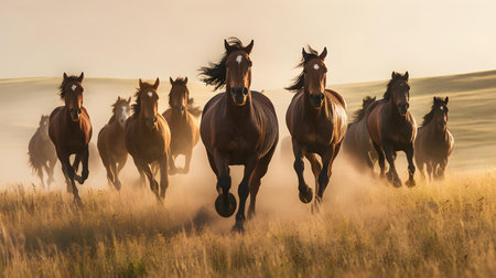 Horses run gallop in the steppe at sunset. Horses in motion.の素材