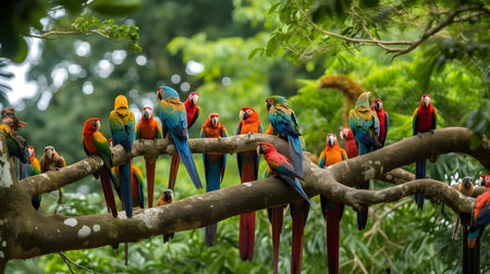 Colorful macaws on a tree branch in a tropical forestの素材