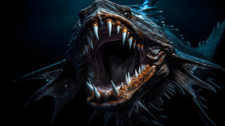 3D illustration of a dragon head with sharp teeth on black backgroundの素材