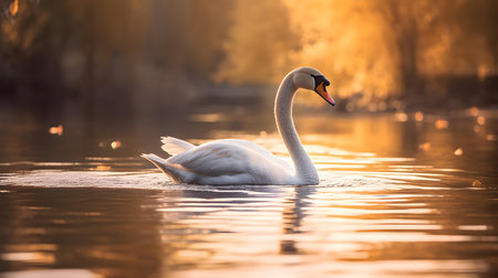 Beautiful white swan swimming on the lake at sunset. The mute swan, Cygnus olorの素材