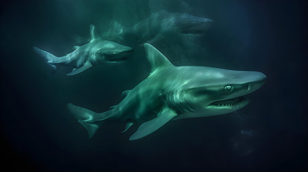 3D Illustration of a Great White Shark swimming in the darkの素材