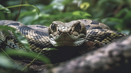 Close-up of the head of a snake in the forest.の素材