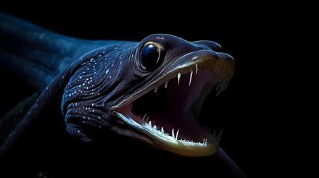 Head of a fish with sharp teeth on a black background. Close upの素材