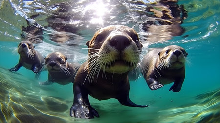 Group of sea lions swimming in the water. Close up.の素材