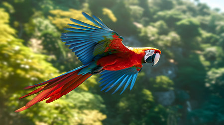beautiful scarlet macaw bird flying in the sky, 3d renderingの素材