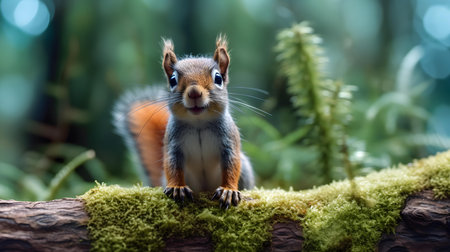 Squirrel sitting on the moss in the forest. Shallow depth of field.の素材