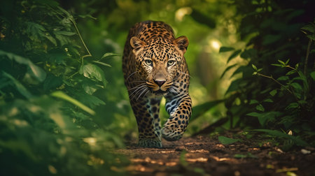 Leopard walking in the green forest, Panthera onca.の素材