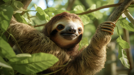 Cute sloth hanging on the tree in the jungle. Animal portraitの素材