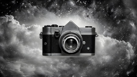 Retro camera in the sky with clouds. Black and white.の素材