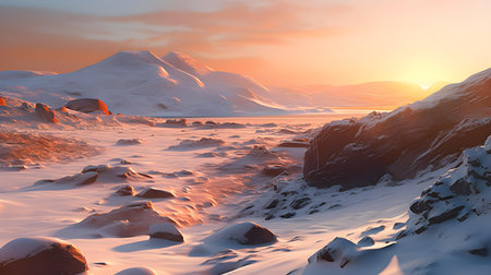 Beautiful winter landscape in Iceland. Sunrise over the snowy mountains.の素材