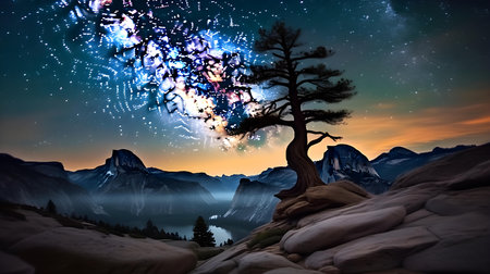 Fantasy landscape with tree and starry sky. 3d renderingの素材