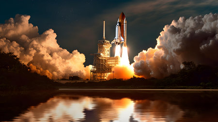 Space rocket taking off into the night sky. 3D rendering.の素材