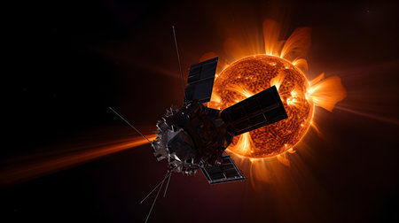 3D illustration of a satellite orbiting the planet Earth in space.の素材