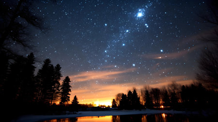 Milky Way over the lake in the winter forest at sunset.の素材
