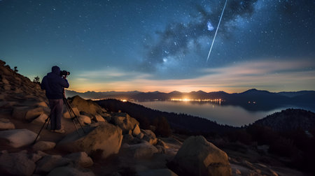 Photographer on the top of the mountain at night with starry skyの素材