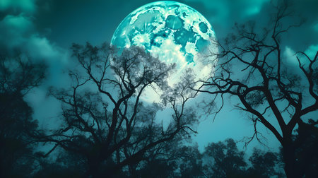 Halloween background with full moon and tree. 3D renderingの素材