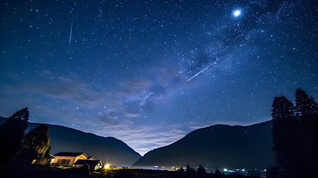 Milky Way over the mountain village at night with starry skyの素材