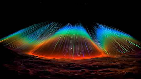 3d illustration of an abstract space landscape with colorful lights and starsの素材