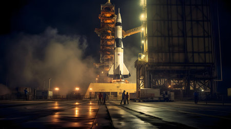 Space rocket takes off at night in a shipyard. Toned.の素材