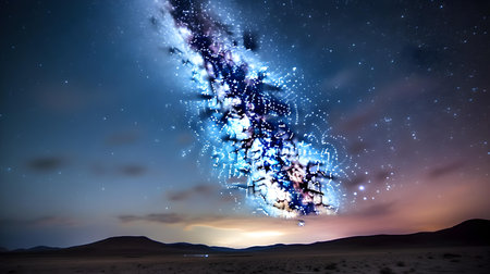 Digital composite of night sky with stars and nebula in the desertの素材