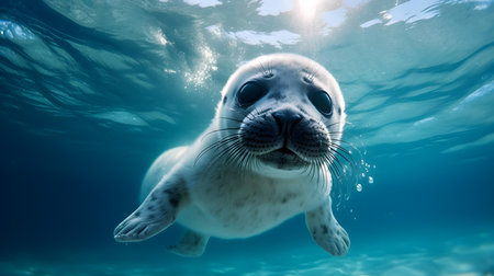 Baby seal swimming underwater in the ocean. This is a 3d render illustrationの素材