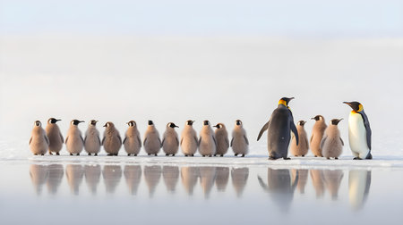 Group of king penguins standing in line on ice, Falkland Islandsの素材