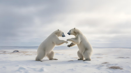 Polar bear (Ursus maritimus) mother and cub on the pack ice, north of Svalbard Arctic Norwayの素材