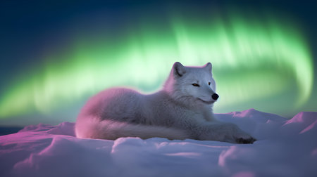 Arctic fox in the snow in front of aurora borealisの素材