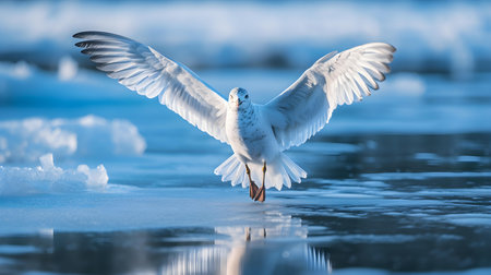 Gull in flight on the ice of Lake Baikal.の素材