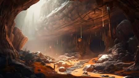 3D rendering of a fantasy cave with stalactites and stalagmitesの素材