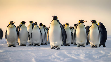some penguins in the arctic walking around on the north pole and looking for the young baby'sの素材