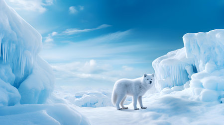 White polar bear on the ice. 3D illustration. blue skyの素材