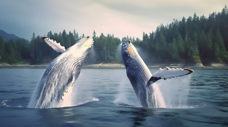 Humpback whale swimming in a lake. 3D rendering.の素材